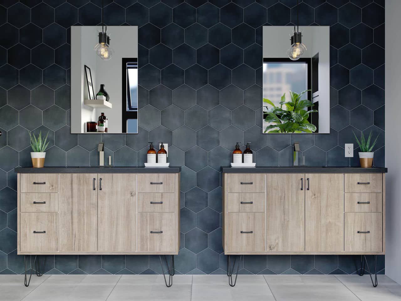 Alexandria, VA Bathroom Remodeling Project Photos Dark Hexagon Tiles