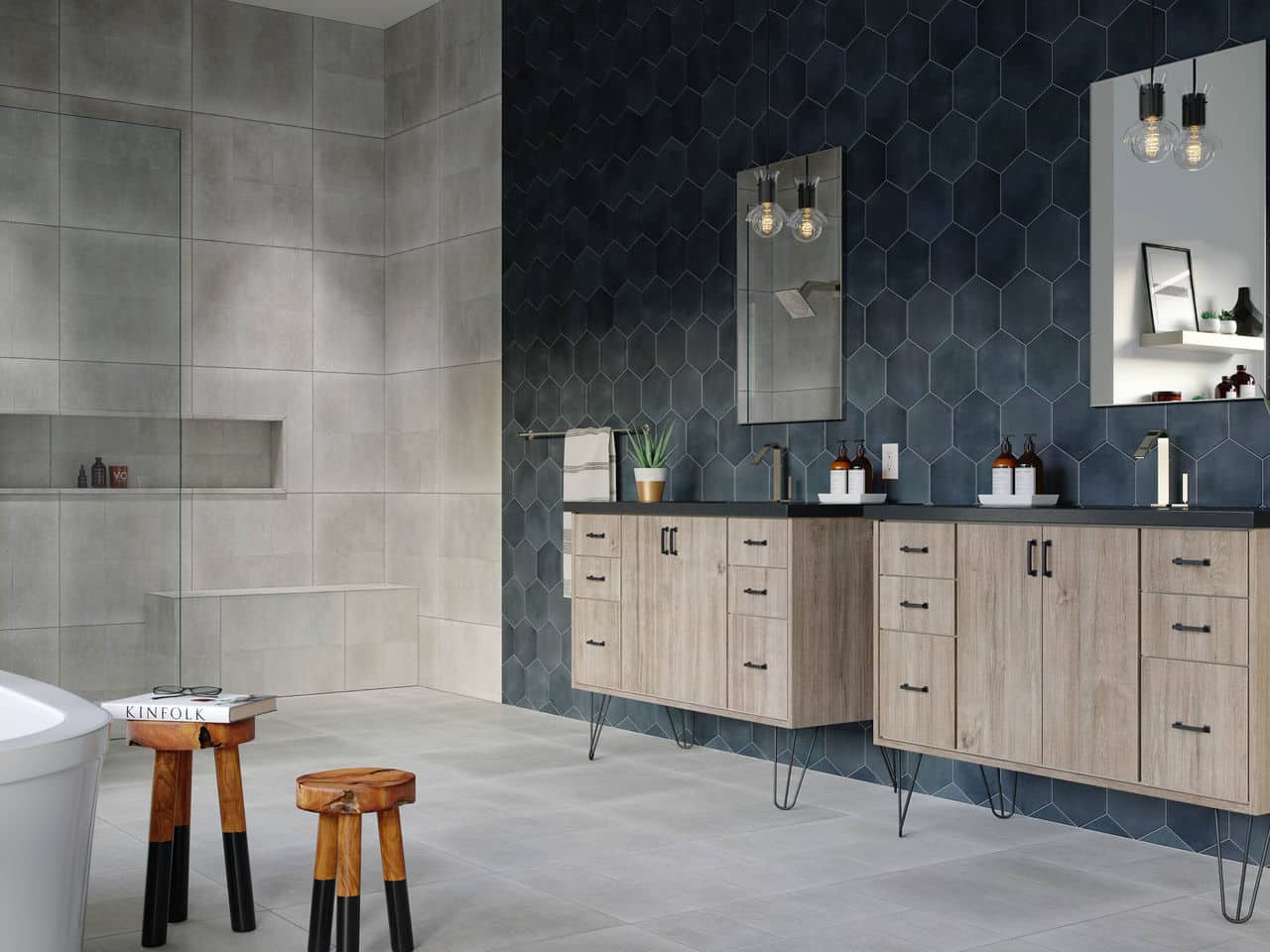 Alexandria, VA Bathroom Remodeling Project Photos Dark Hexagon Tiles