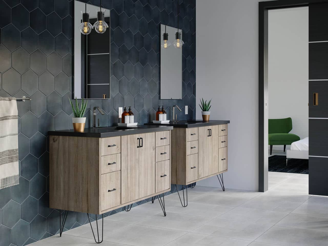 Alexandria, VA Bathroom Remodeling Project Photos Dark Hexagon Tiles