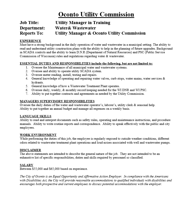Job Opportunity Utility Manager City Of Oconto
