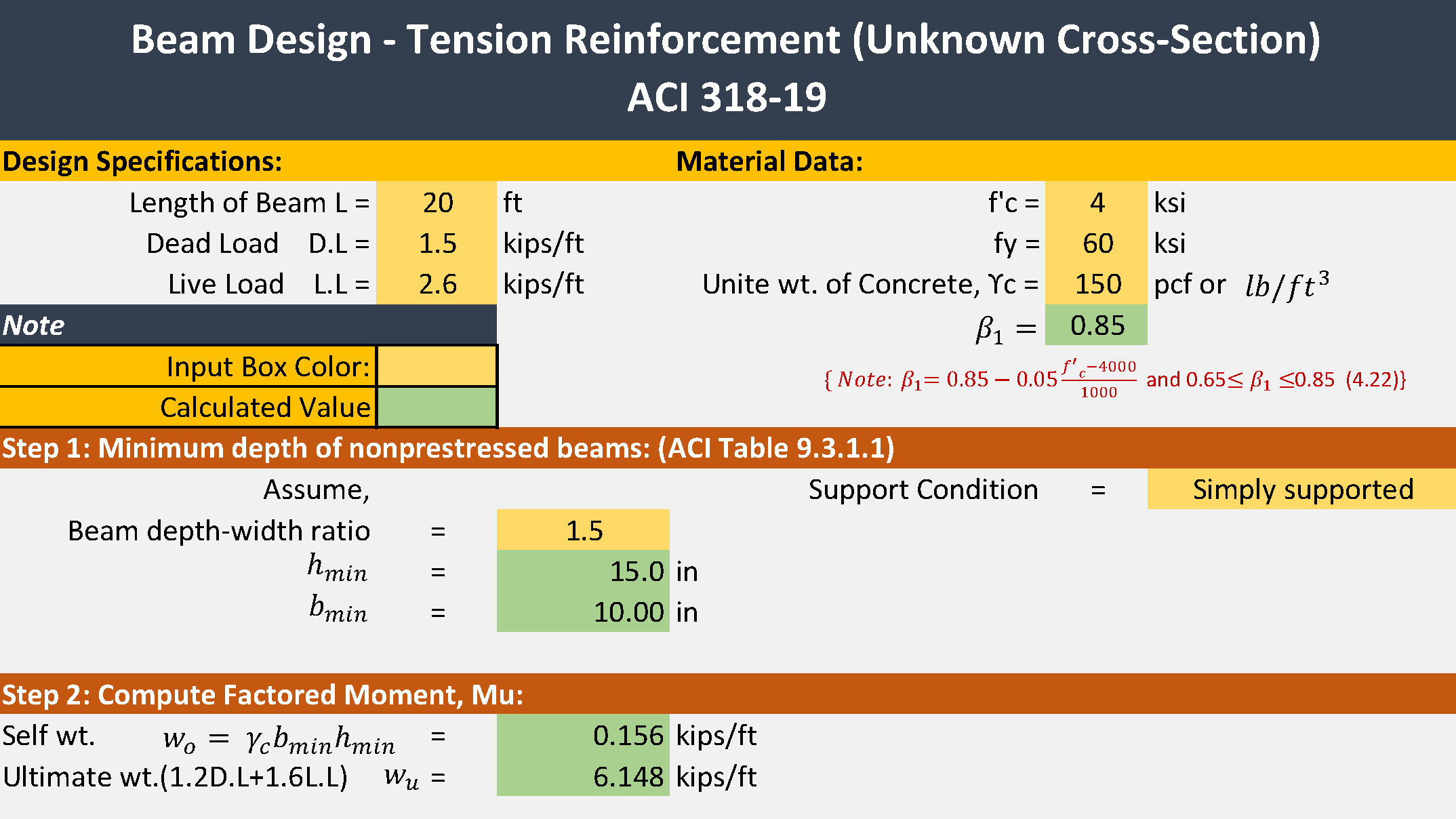 Beam Design Calculator ACI 31819 Tension Reinforcement (Unknown CrossSection) 2024