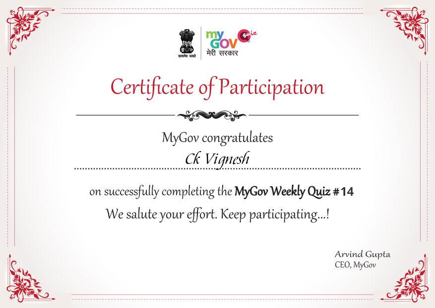 My Certificates from quiz.mygov.in CK Vignesh