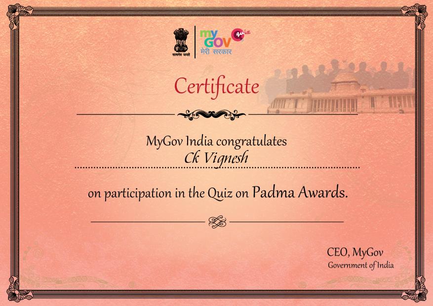 My Certificates from quiz.mygov.in CK Vignesh