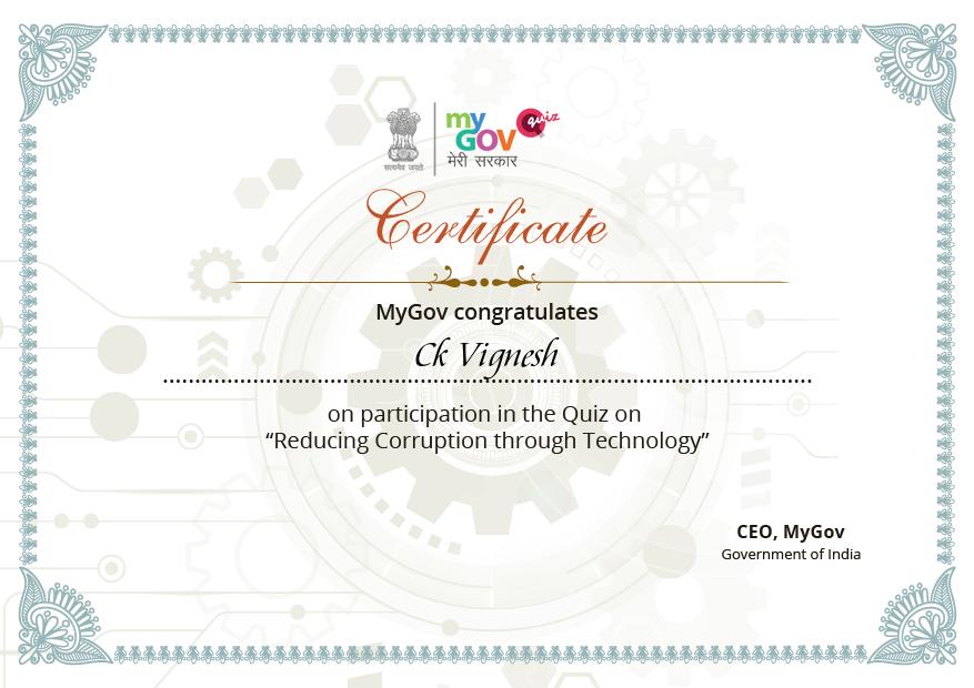 My Certificates from quiz.mygov.in CK Vignesh