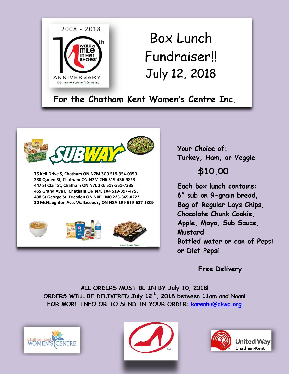 2018 Box Lunch Fundraiser July 12, 2018 Chatham Kent Women's Centre