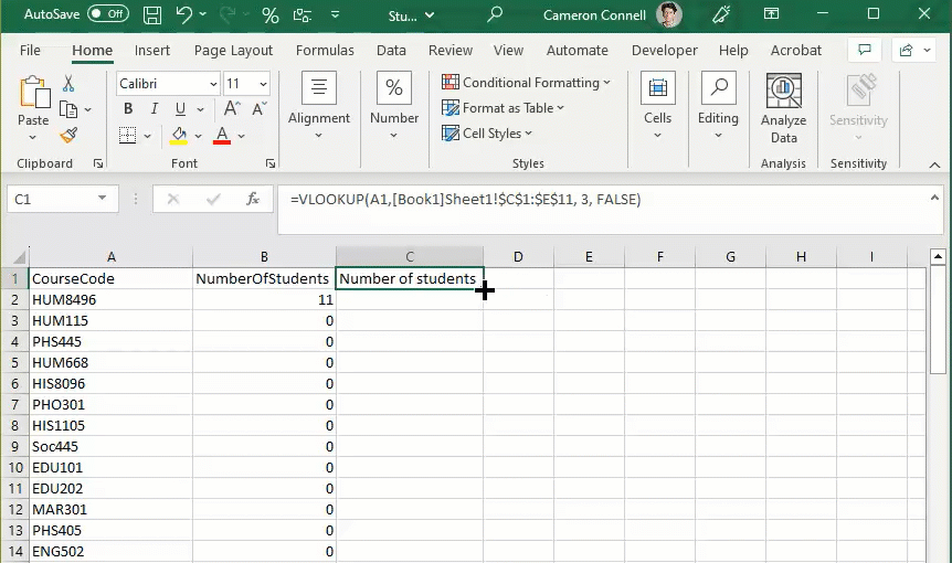 Rollover Using VLOOKUP to add student numbers Digital Content Store