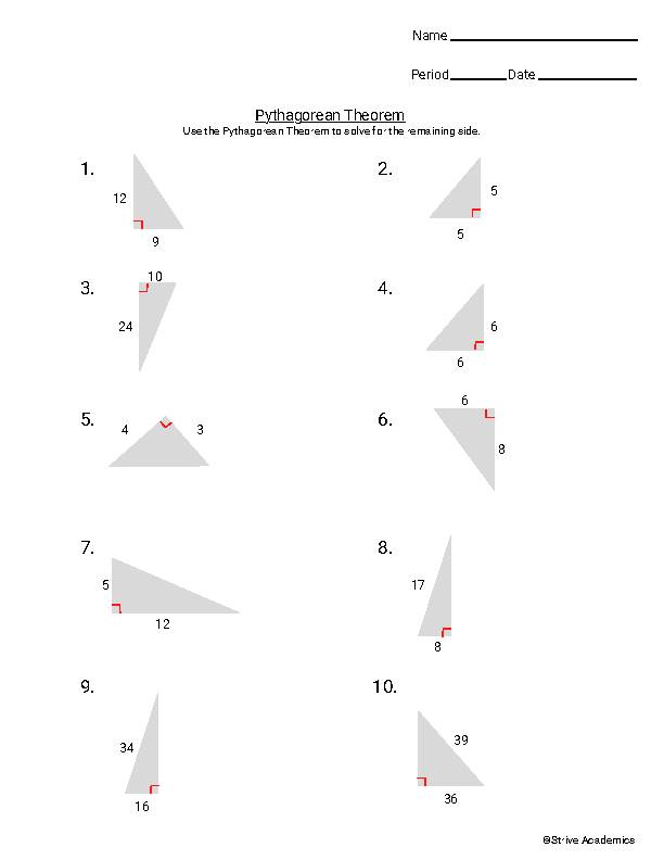 Pythagorean Theorem Set 1 Worksheet - Classful