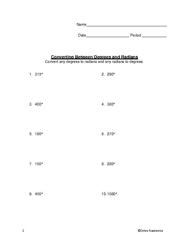 Converting Between Degrees and Radians Set 1 Worksheet Classful
