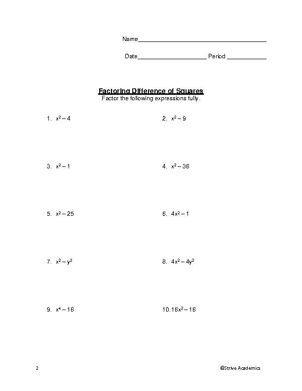 Difference of Squares Algebra and Factoring Quadratics Worksheet Classful