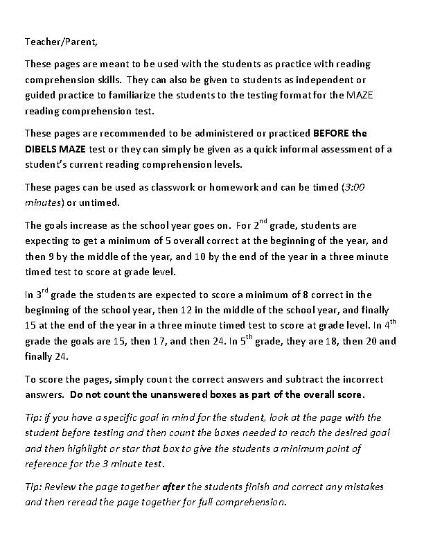 DIBELS practice sheets for MAZE/DAZE Classful