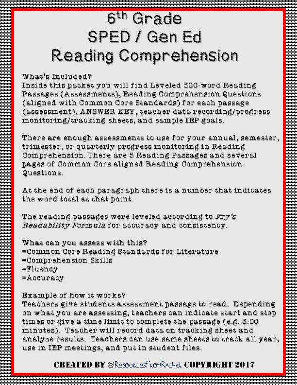 Reading Comprehension Assessment 6th grade volume 1 - Classful