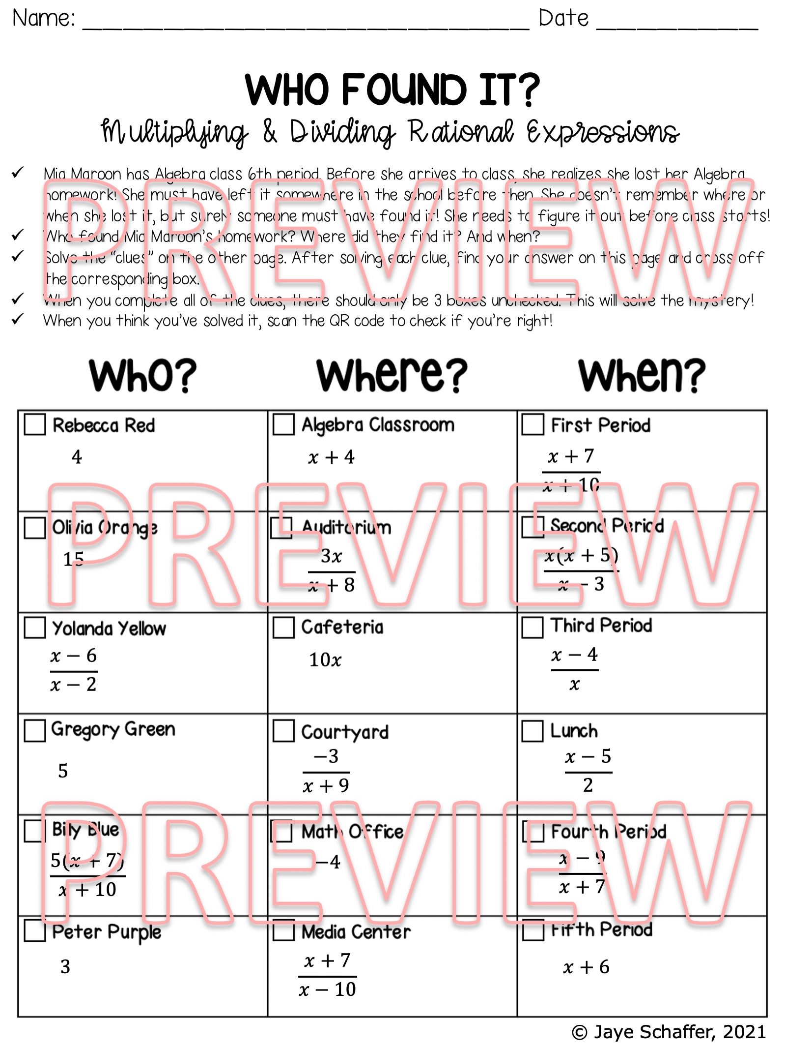 Multiplying and Dividing Rational Expressions Clue Mystery Activity