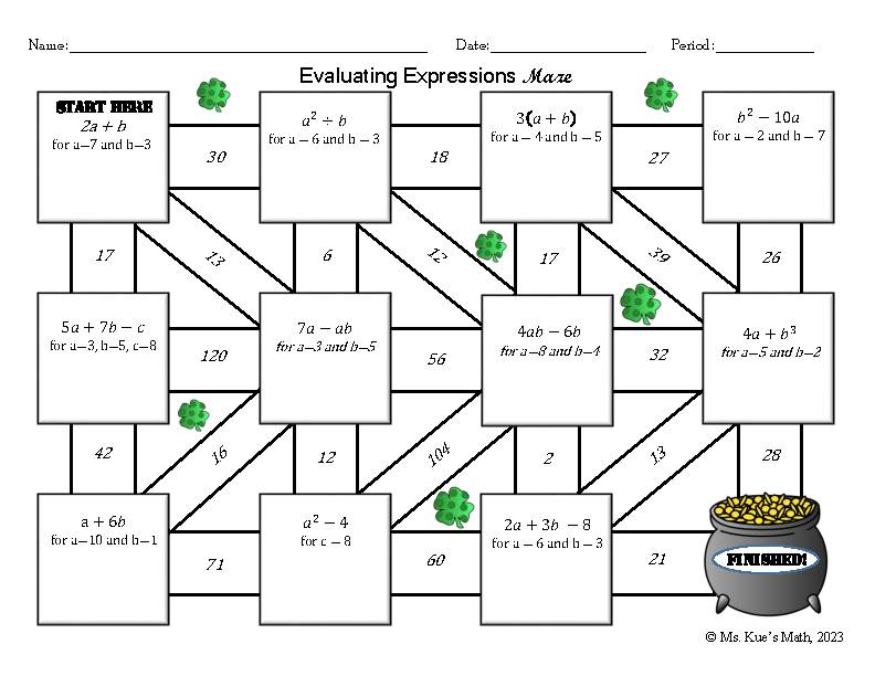St. Patrick's Day Evaluating Expressions Maze - Classful