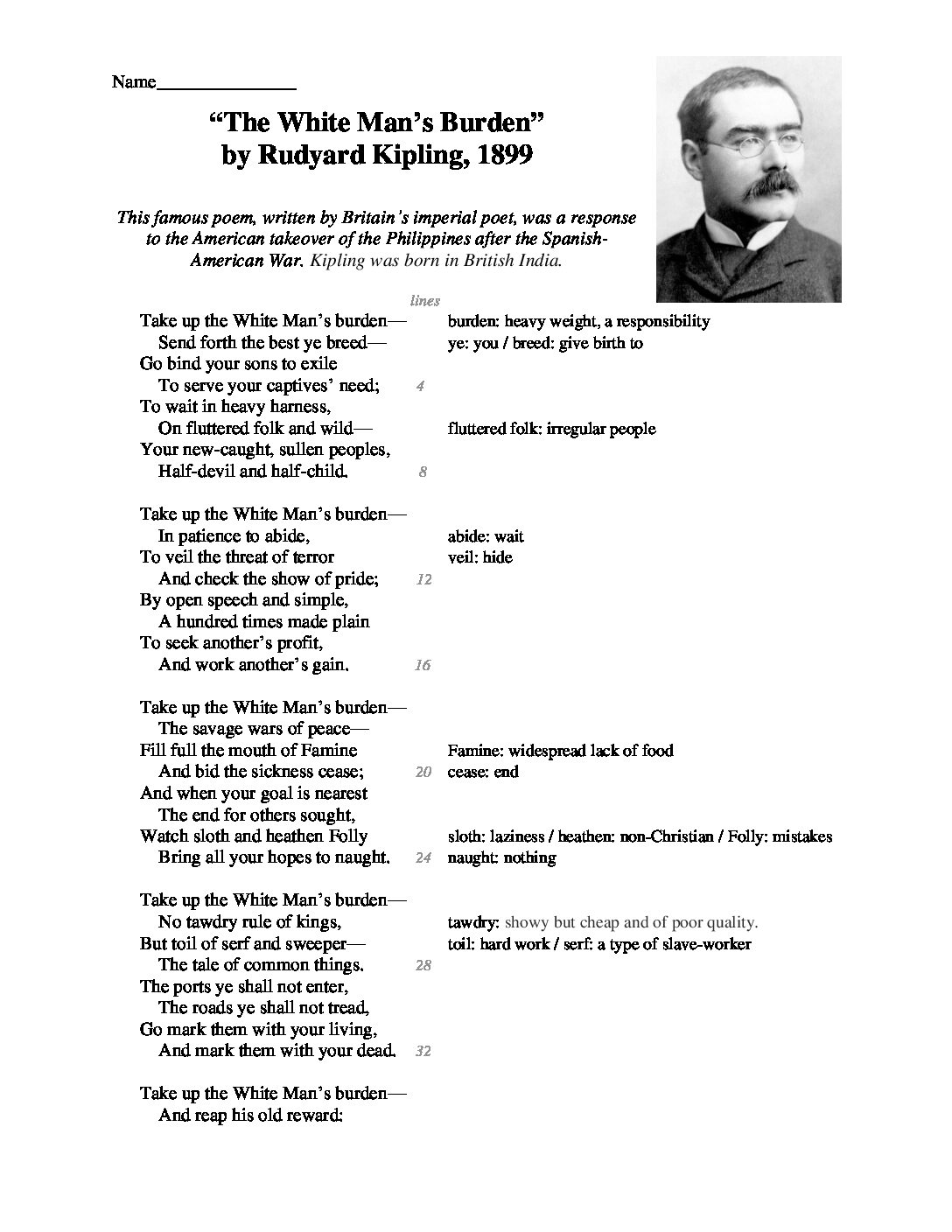 White Man’s Burden Rudyard Kipling Society of Classical Poets