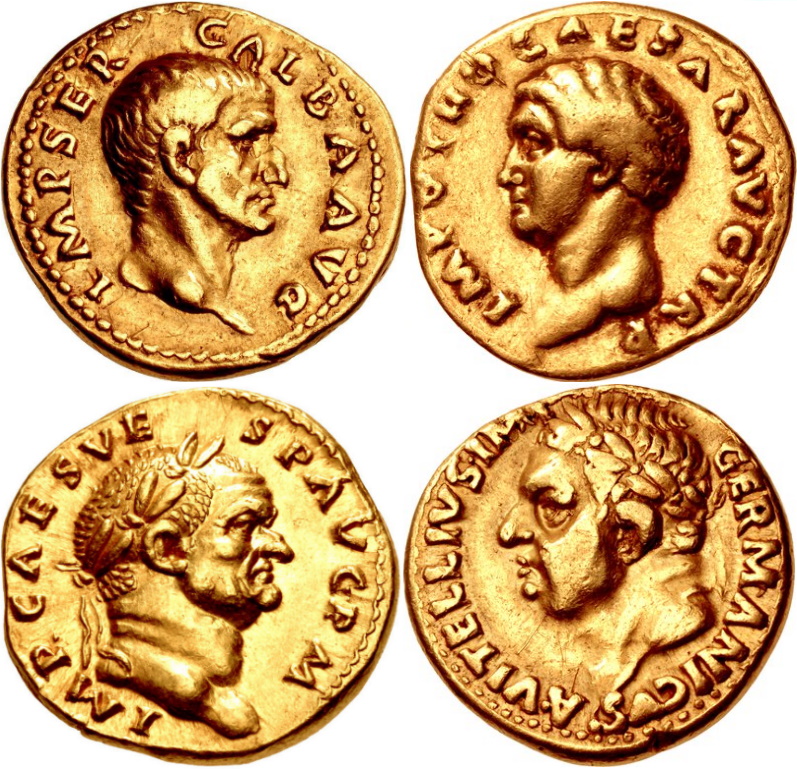 Coins of the four Emperors who ruled 66 AD. From top left Galba, Otho