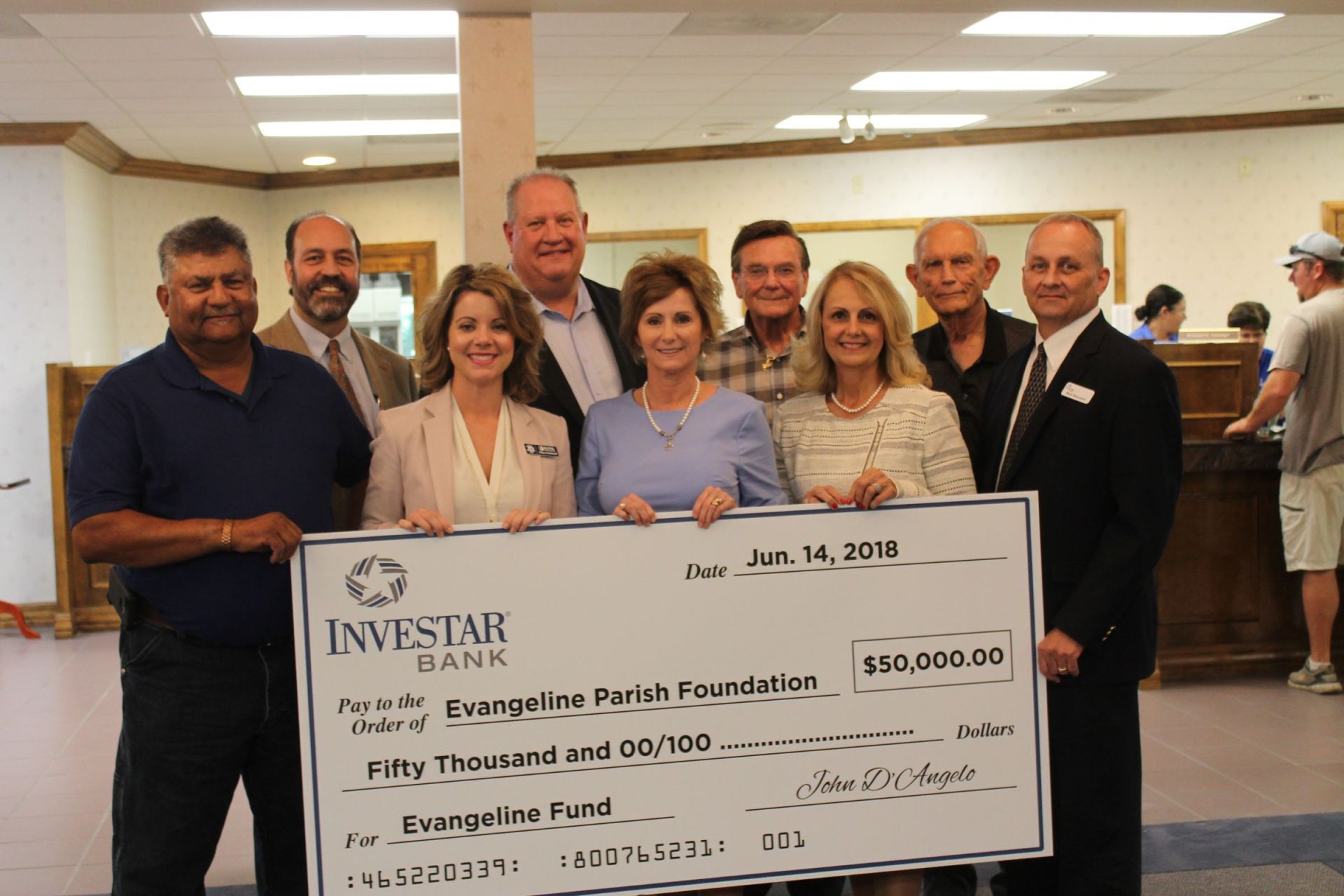 Evangeline Parish Foundation recieves 50,000 investment from Investar Bank