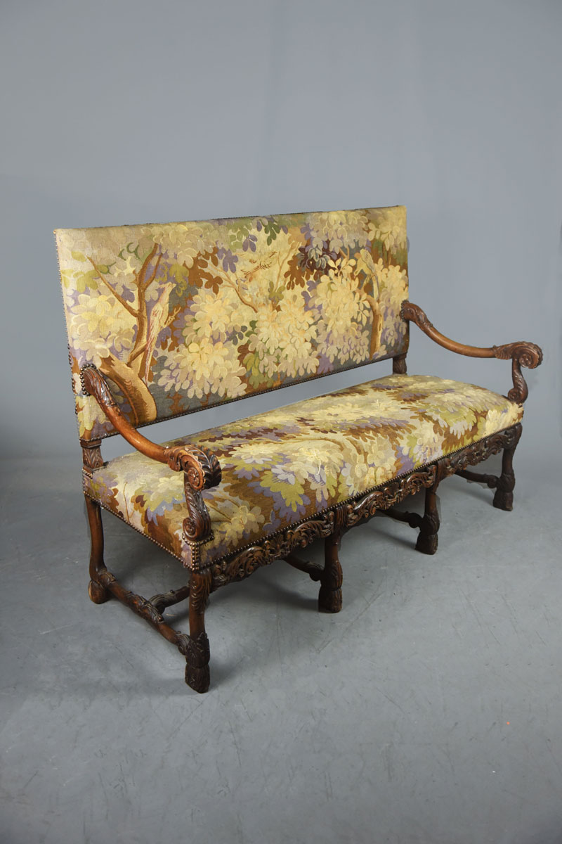 Continental Carved Wood Settee Tapestry Back & Seat The Classic Prop