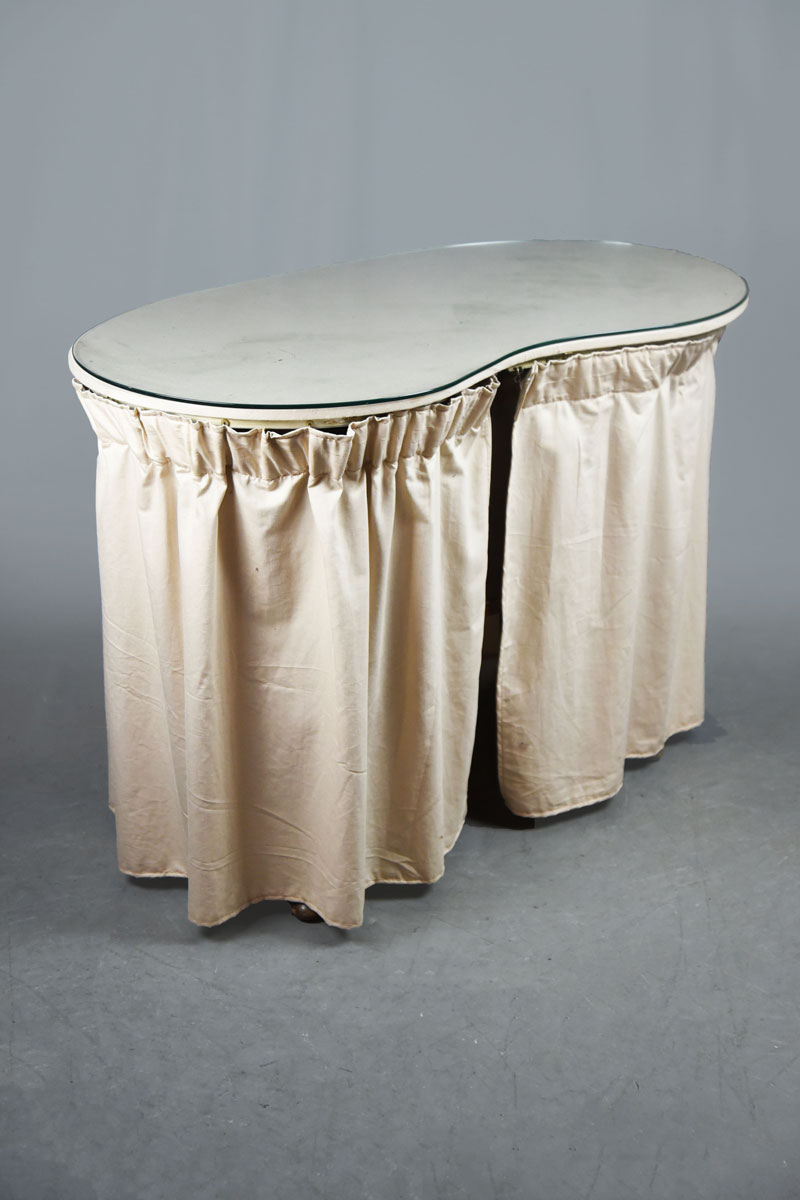 1930s Material Covered Dressing Table Kidney Shaped with Glass Top
