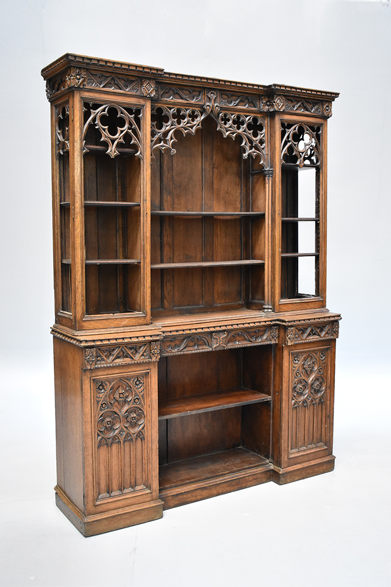 Gothic Carved Oak Breakfront Bookcase The Classic Prop Hire Company