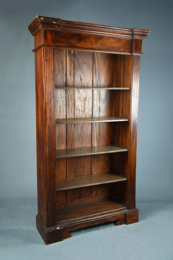 Tall mahogany open bookcase with fluted columns & shaped feet. The