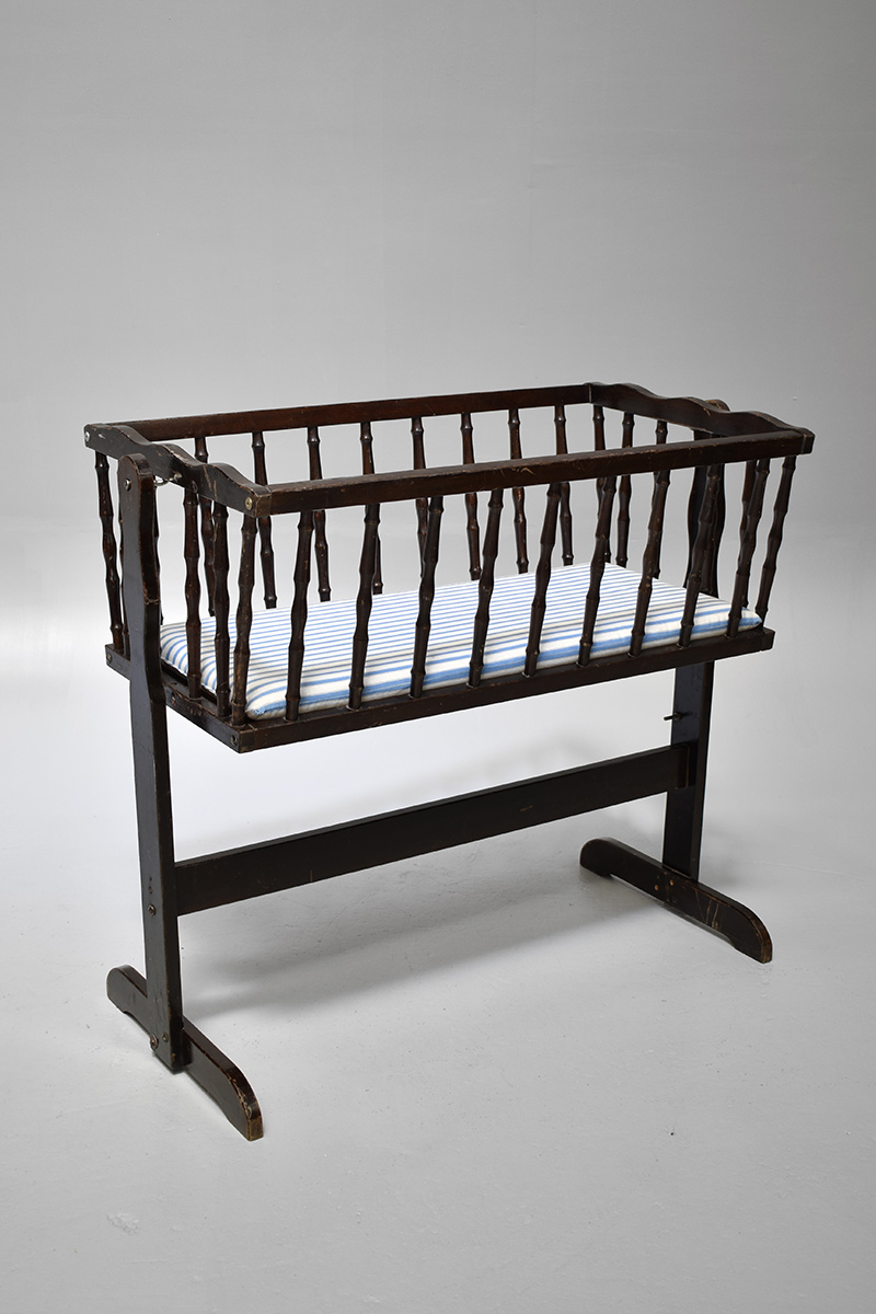 Mahogany Swinging Cot With Turned Spindles & Ticking Mattress The