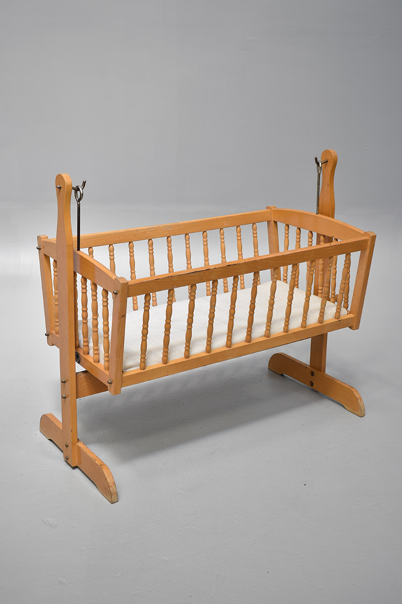 Wooden Swinging Cot With Turned Spindles The Classic Prop Hire Company
