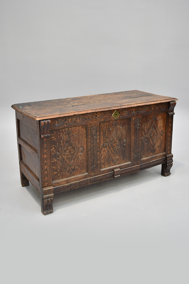 Dark Oak Chest With 3 Carved Panels & Hinged Lid The Classic Prop
