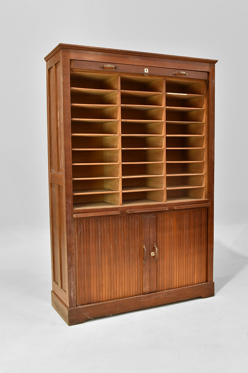 Tall Oak Tambour Fronted 27 Pigeon Hole Filing / Unit with