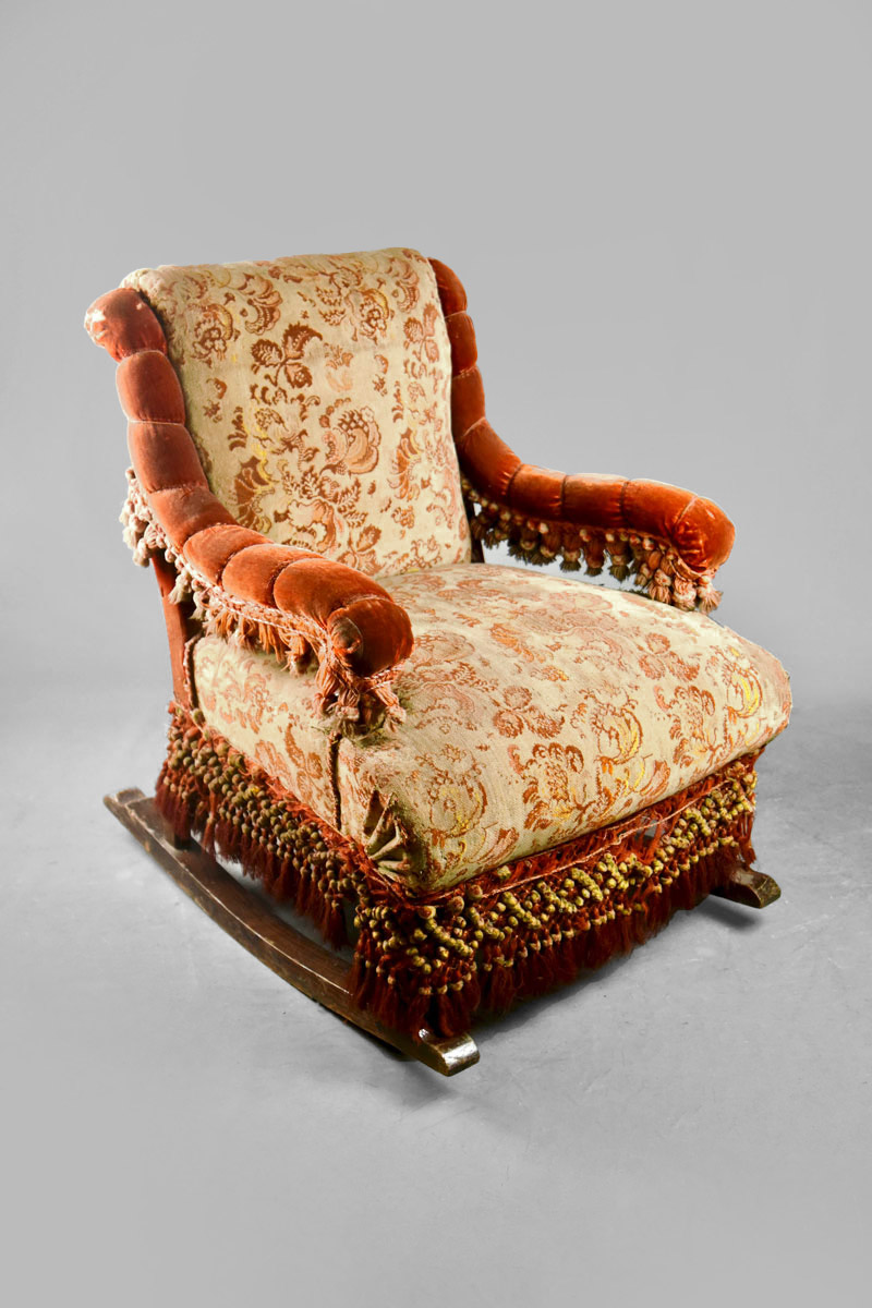 Rocking Armchair with Rust Red, Orange & Cream Floral Upholstery