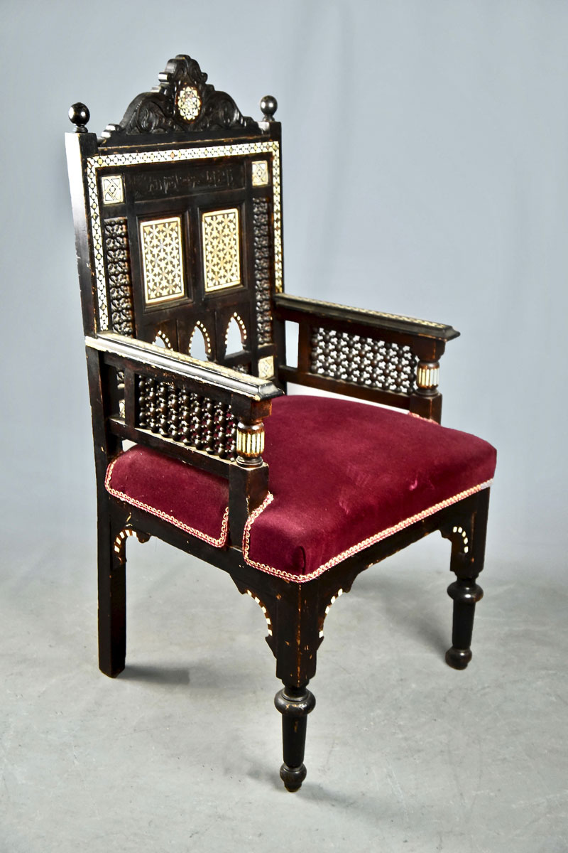Arabic Armchair, 3 Pointed Arches,with Mashrabia & Bone Decoration