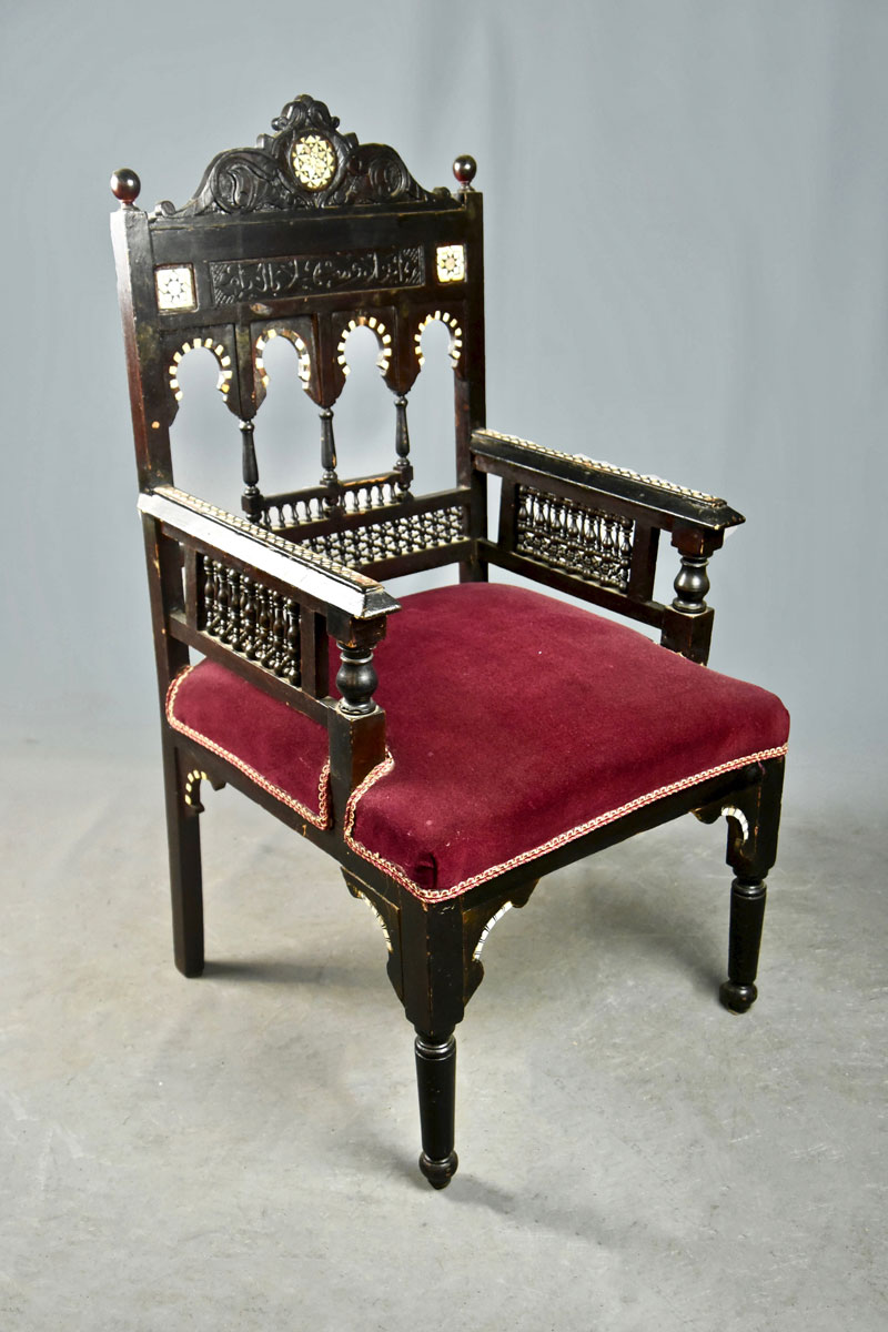Arabic Armchair, 4 Rounded Arches, Mashrabia & Bone Decoration The