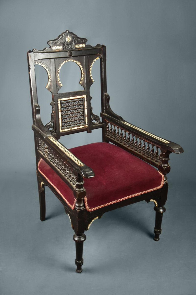 Arabic armchair with large central round arch, mashrabia & bone decoration The Classic Prop