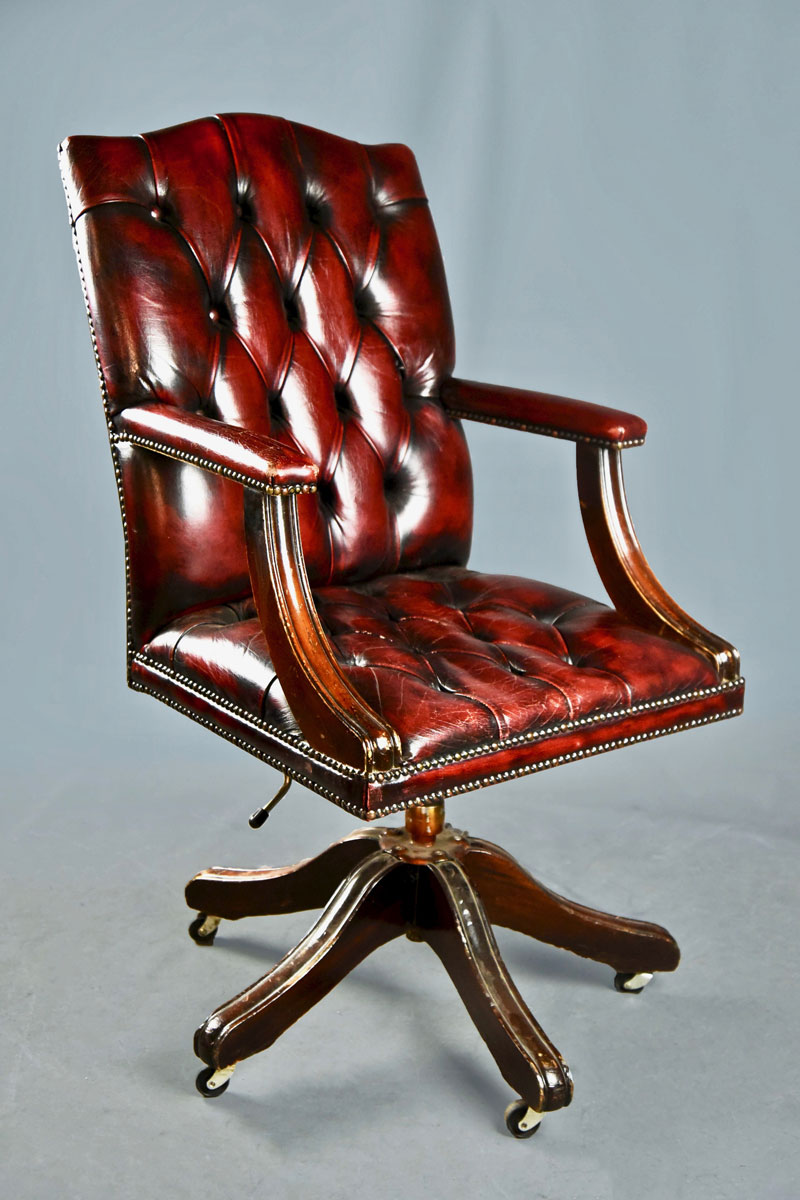 Red Leather Gainsborough Swivel Armchair With Buttoned Seat & Back