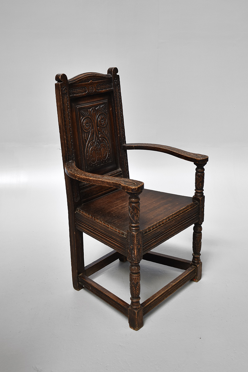 Dark Oak Wainscot Chair With Armrests The Classic Prop Hire Company
