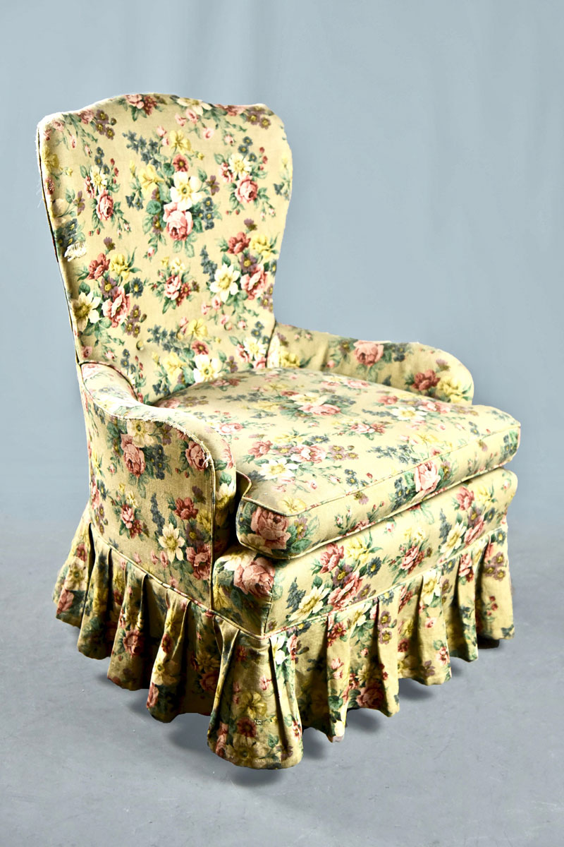 Small Easy Tub Chair In Floral Chintz, With Cushion & Deep Pleated