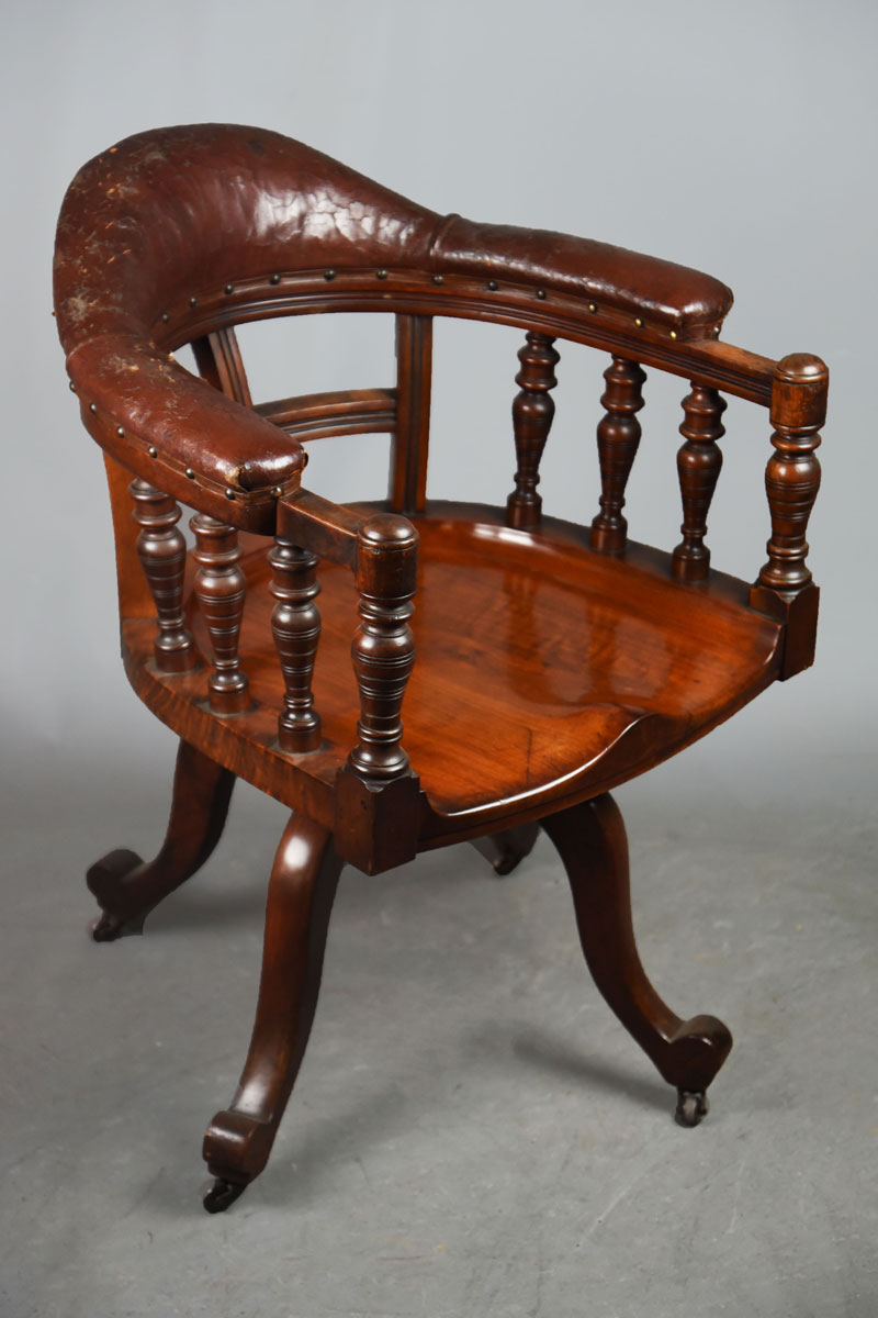 Antique Dark Walnut & Worn Brown Leather Captain's Desk Chair On Four