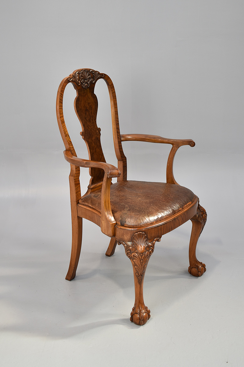 Walnut Carver Dining Chair With Brown Leather Seat & Lions Paw Feet The Classic Prop Hire Company
