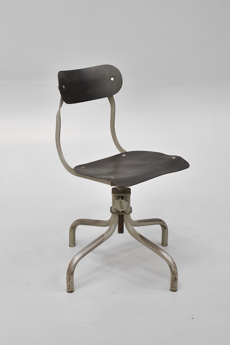 Grey Adjustable Metal Swivel Chair With Black Upholstery The Classic Prop Hire Company