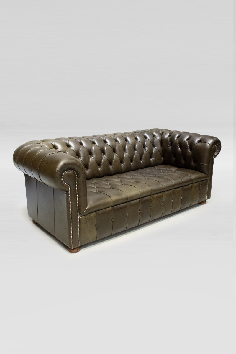 Olive Green Leather 3 Seater Button Back Chesterfield Sofa The
