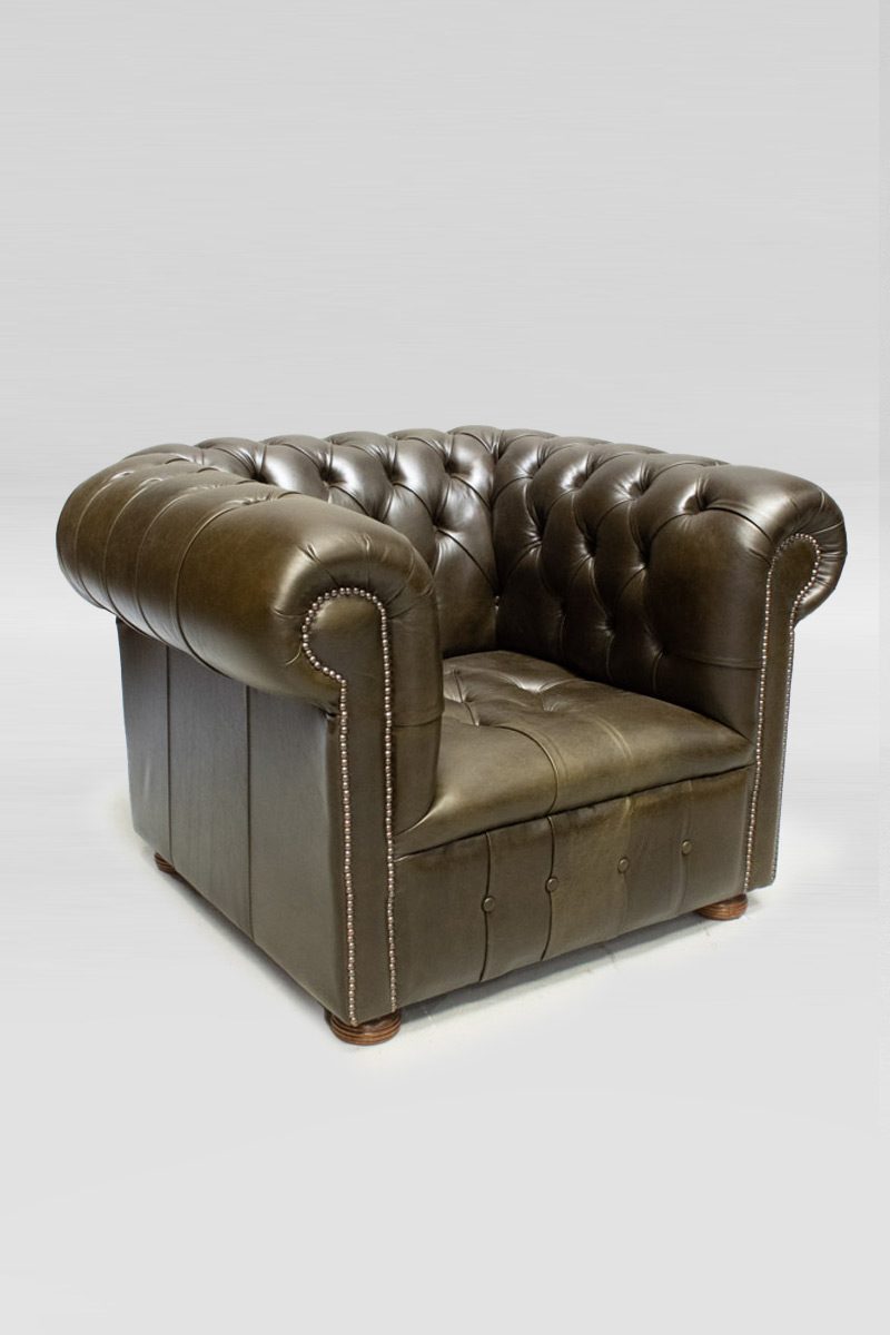 Olive Green Leather Button Back Chesterfield Club Armchair The