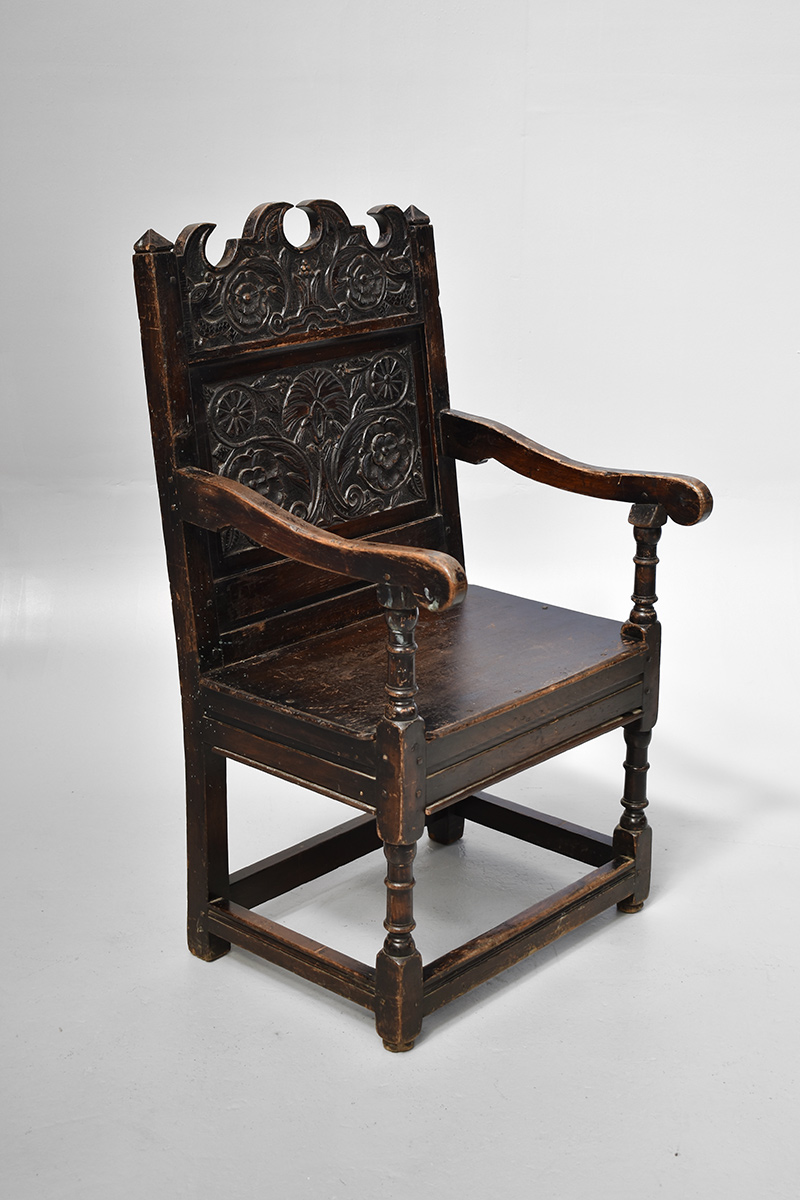 Oak Hall Chair With Ornate Carved Back Panel & Pediment The Classic