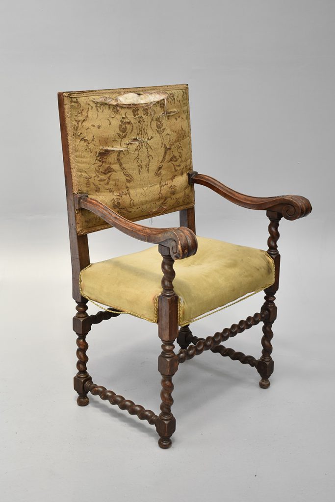 Jacobean Style Mahogany Hall Chair With Green Upholstered Seat & Back