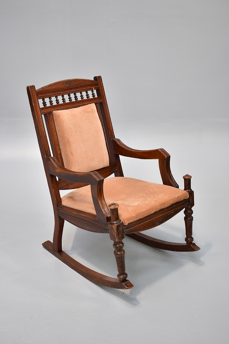 Mahogany Rocking Chair With Beige Velvet Upholstery The Classic Prop