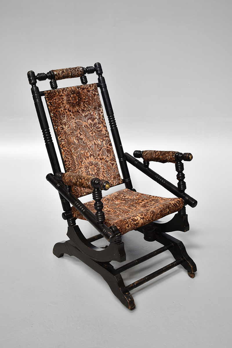 Ebonised Rocking Chair With Brown Tapestry Upholstery The Classic