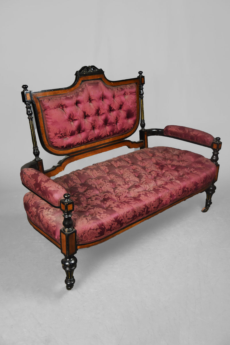 Ebonized & Inlaid Satinwood 2 Seater Settee with Plum Damask Upholstery