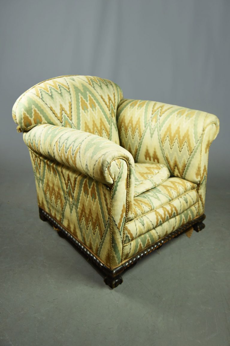 Upholstered Armchair Ball and claw Supports & Blue Zigzag Pattern The Classic Prop Hire Company