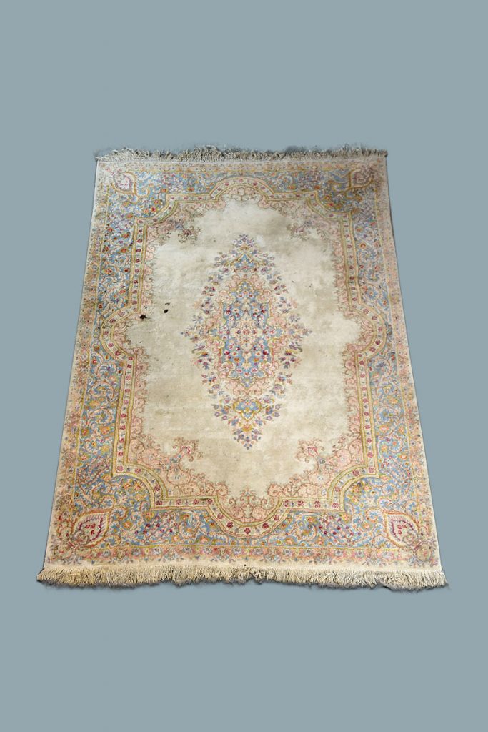 9'6" x 6'2" Brown, Blue with Cream Rug The Classic Prop Hire Company