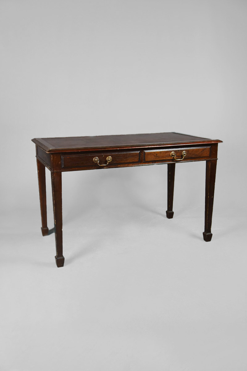Mahogany Two Drawer Writing Desk on Tapered Supports with Brown Leather