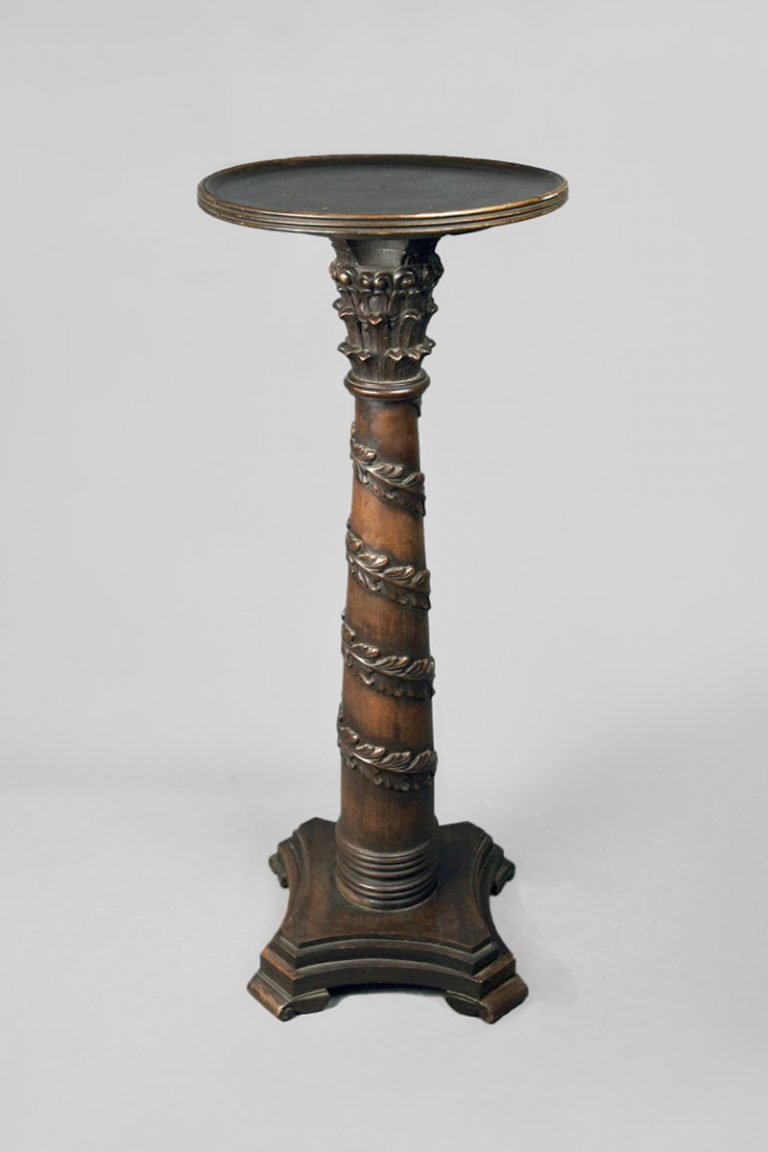 Oak Pedestal Stand with Decorative Carved Swirl on Stepped Base The