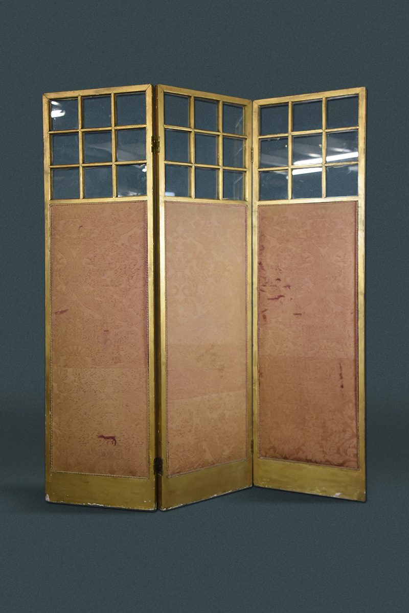 Three Leaf Giltwood & Pink Fabric Folding Screen With Glazed Squares